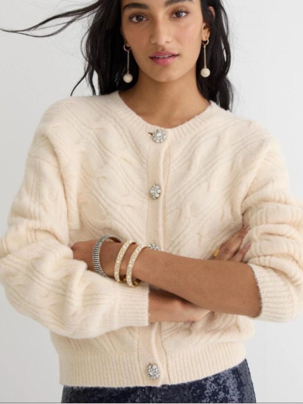 J. CREW I Ivory Cream Cable-Knit Cardigan Sweater w/ Rhinestone Jewel Buttons, S